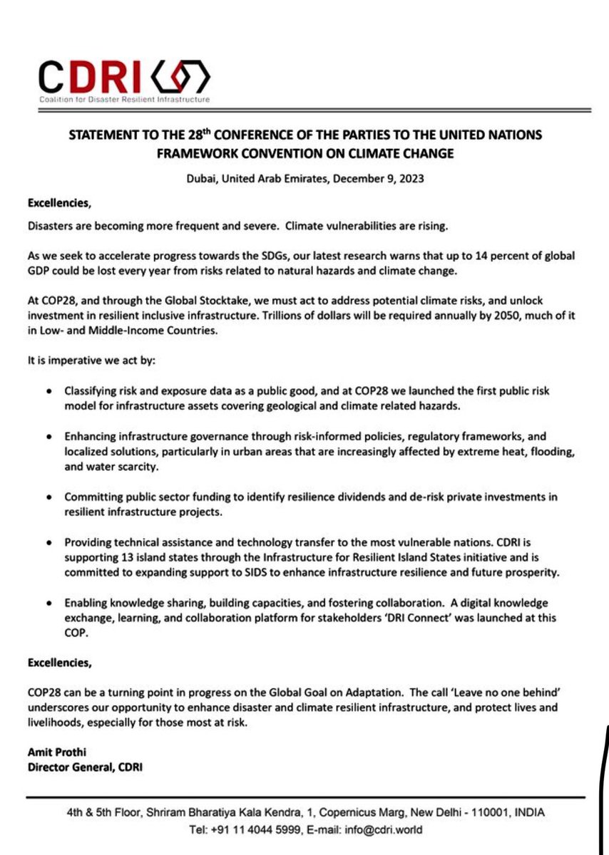 Today at #COP28 in #Dubai, @CDRI_world addressed the @unfccc’s 198 Parties and called for urgent action to support #resilientinfrastructure around the 🌍

#LeaveNoOneBehind
