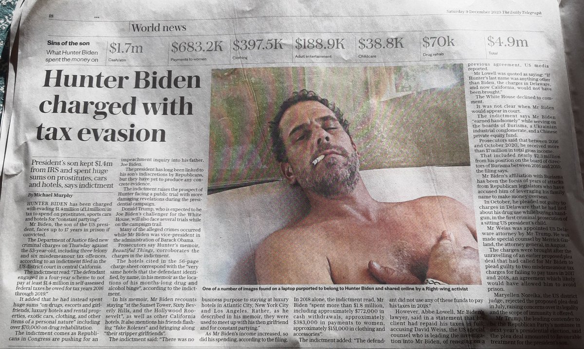 Hunter Biden charged with felony tax evasion. Alleged to have spent huge sums on drugs, prostitutes, fast cars, hotels. When this degenerate visited Ireland earlier this year, RTE, Irish Times, Newstalk, Irish Independent gave him a free pass from scrutiny. #fakenewsmedia