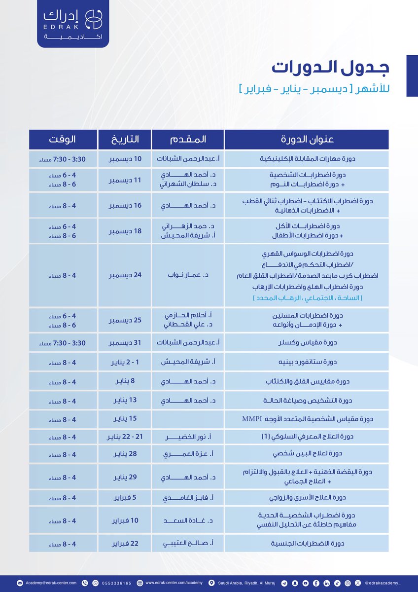 edrakacademy_'s tweet photo. أكاديمية إدراك تهدف إلى التحسين من جودة خدمات #العلاج_النفسي و المساهمة في تطوير الجانب العلمي والمهني للمعالج النفسي 🥼

من خلال تقديم محاضرات ودورات نظرية و عملية تحت إشراف خبراء في المجال النفسي ✨

أ.عبدالرحمن الشبانات @sh_abomeshal 
د.أحمد الهادي @A_AlHadi 
د.سلطان الشهراني @DrSuAlshahrani 
أ.شريفة المحيش @SharifahEdrak 
د.عمّار نواب @3mmar_Nawwab 
د.علي القحطاني @DrAliAlqahtani3 
أ.أحلام الحازمي 
أ.نور الخضير @Nooralkhodair 
أ.عزة العمري 
أ.فايز الغامدي @Fayez_Mansi 
د.غادة السعد @ALSAADG 
أ.صالح العتيبي @saleh_psy 

للتسجيل والاستفسارات تواصل معنا : 

 https://t.co/hJAt6DFiQg

تسجيلك الآن يضمن لك مقعدك 🥼