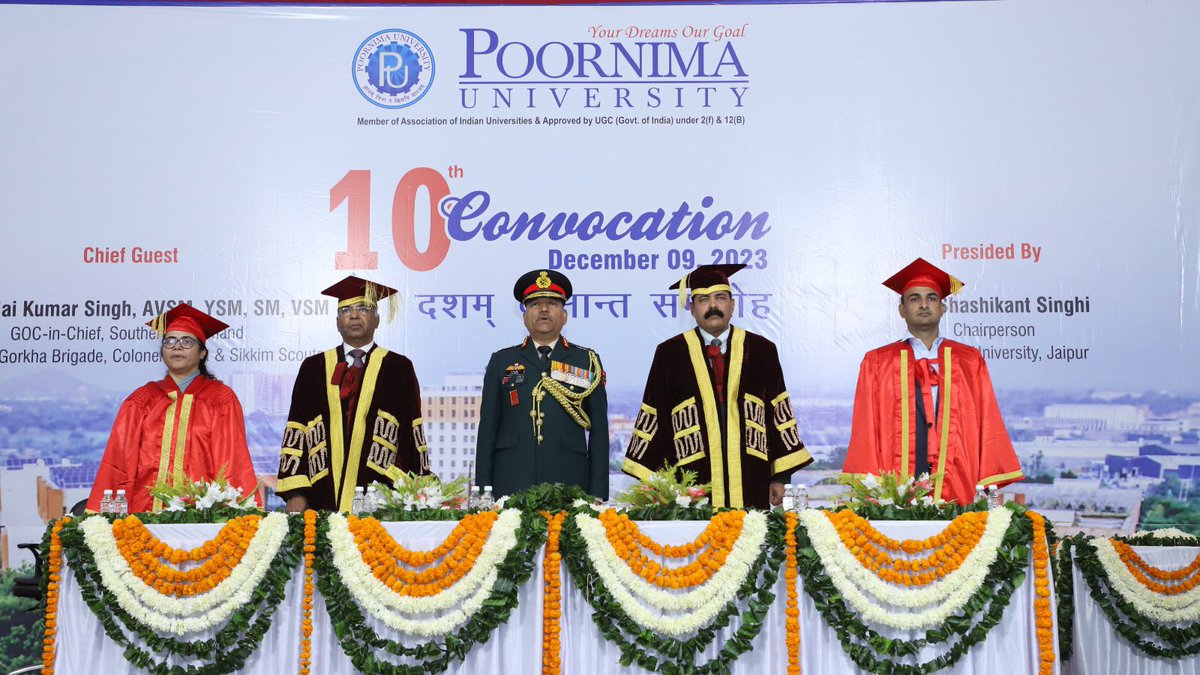 IaSouthern's tweet photo. Lt Gen A K Singh, #ArmyCdr, #SouthernComd as chief guest during the #ConvocationCeremony of #PoornimaUniversity urged the #Youth to wholeheartedly indulge in #NationBuilding.
@Poornima_Univ.
#EducationForAll
#EducationMatters https://t.co/XgMINfoiAq