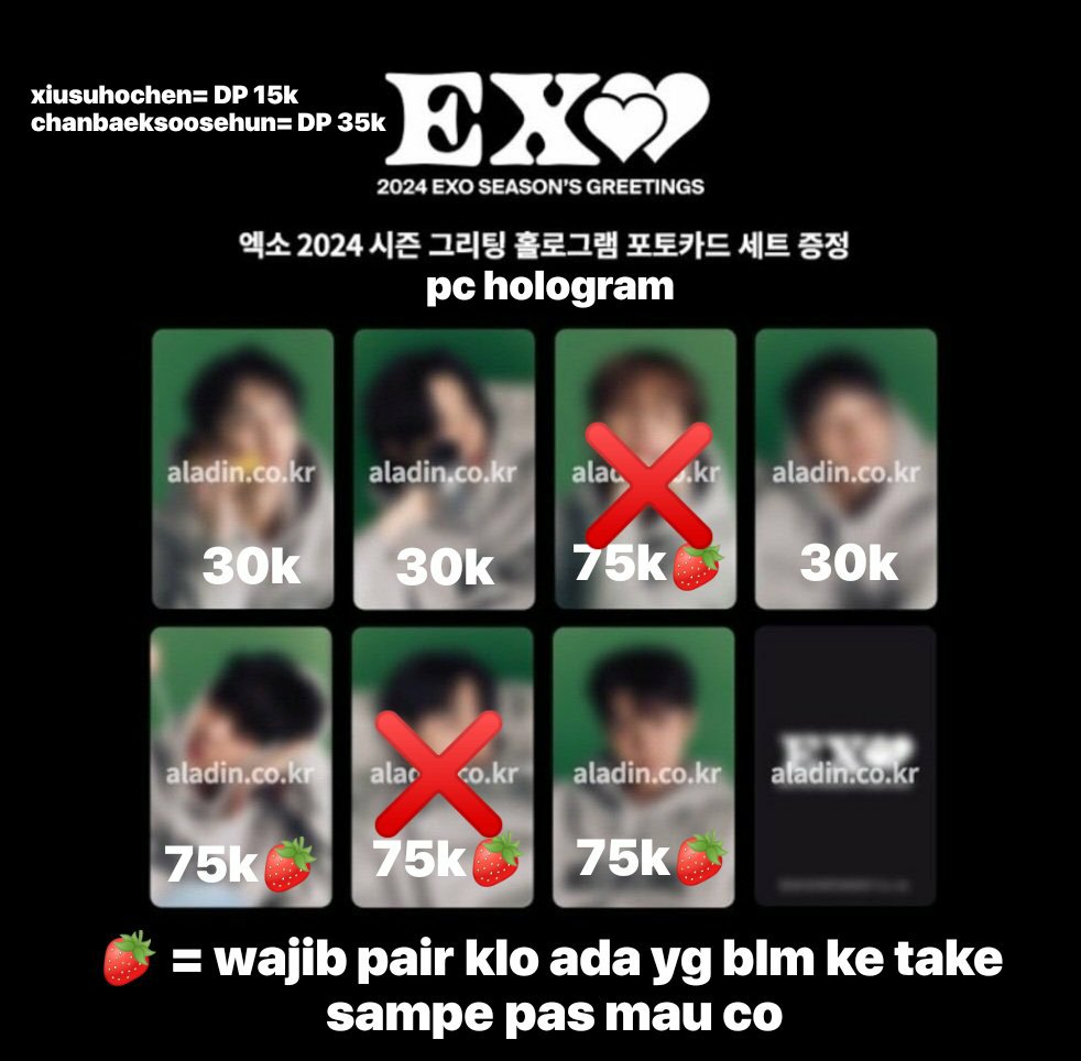 🍥OPEN SHARING POB ONLY EXO SG24 WEB ALADIN🍥

💸price: check pict⬇️
✅ fix price
✅ GO trusted 100%
❌ packing + adm sopi
📍 dom jkt

tag. seasons greetings exo 2024 xiumin suho baekhyun chen chanyeol kyungsoo d.o. do sehun photocard pc set opshar wts want to sell bene sg 24
