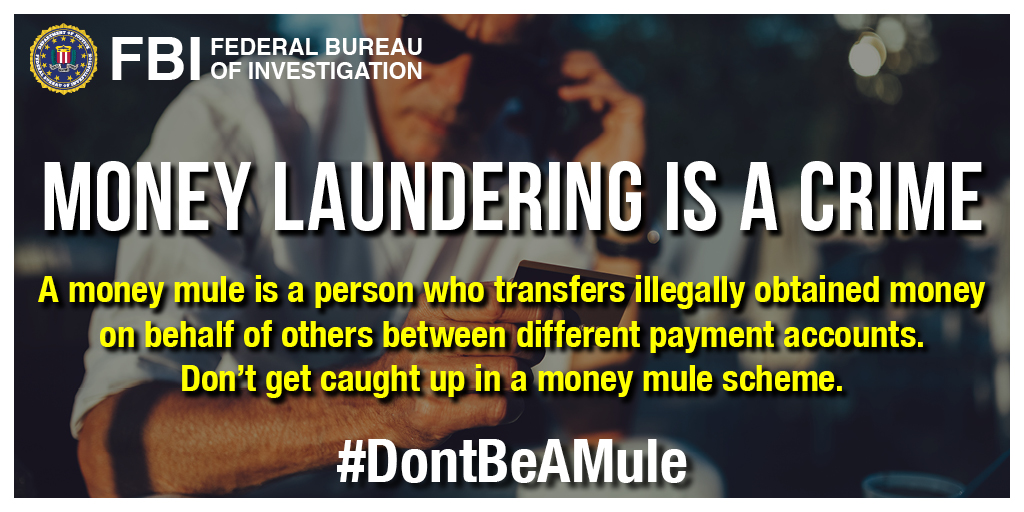 A money mule is someone who transfers or moves illegally acquired money on behalf of someone else. #DontBeAMule ow.ly/ttFH50Qgwkl