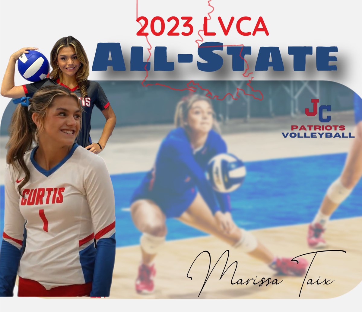jccsvolleyball's tweet photo. Fantastic! Junior Libero Marissa Taix is selected to 2023 LVCA All-State Team. ❤️💙🏐 #culture #intentions #buildingchampionsforlife @marissataix @Curtis_Patriots https://t.co/CMFJrmMDai