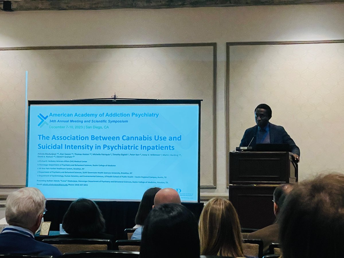 funsodunjoye's tweet photo. @AAAP1985 American Academy of Addiction Psychiatry giving an oral presentation of our research on Cannabis use &amp; suicidality @BCMPsychRes. This was a product of my research elective in PGY2 @bcmhouston @BCMHouston_News  #aaap23 #aaap2023 #gratitude https://t.co/mD5WXc9d4t