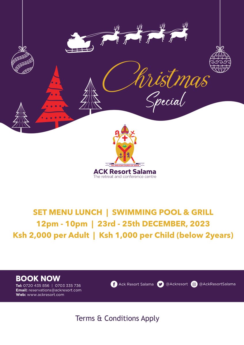 AckResort's tweet photo. Get ready for a season filled with festive fun, heartwarming traditions, and delicious delights here at Ack Resort Salama. We're excited to announce our brand-new set menu and exciting family activities for the holidays.

It is the season 🎄🎁

#TukoSalama #FestiveSeason https://t.co/BGUhCTypON