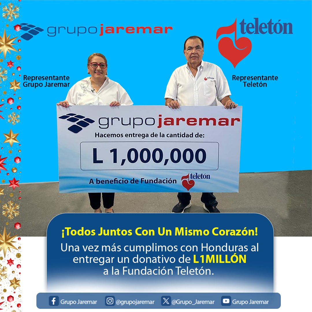 Nuevamente, cumpliendo con nuestro compromiso con el país, entregamos un donativo de 1,000,000 de lempiras a la Fundación Teletón, #TodosJuntosConUnMismoCorazón, con el cual aportamos a la rehabilitación de miles de hondureños.
