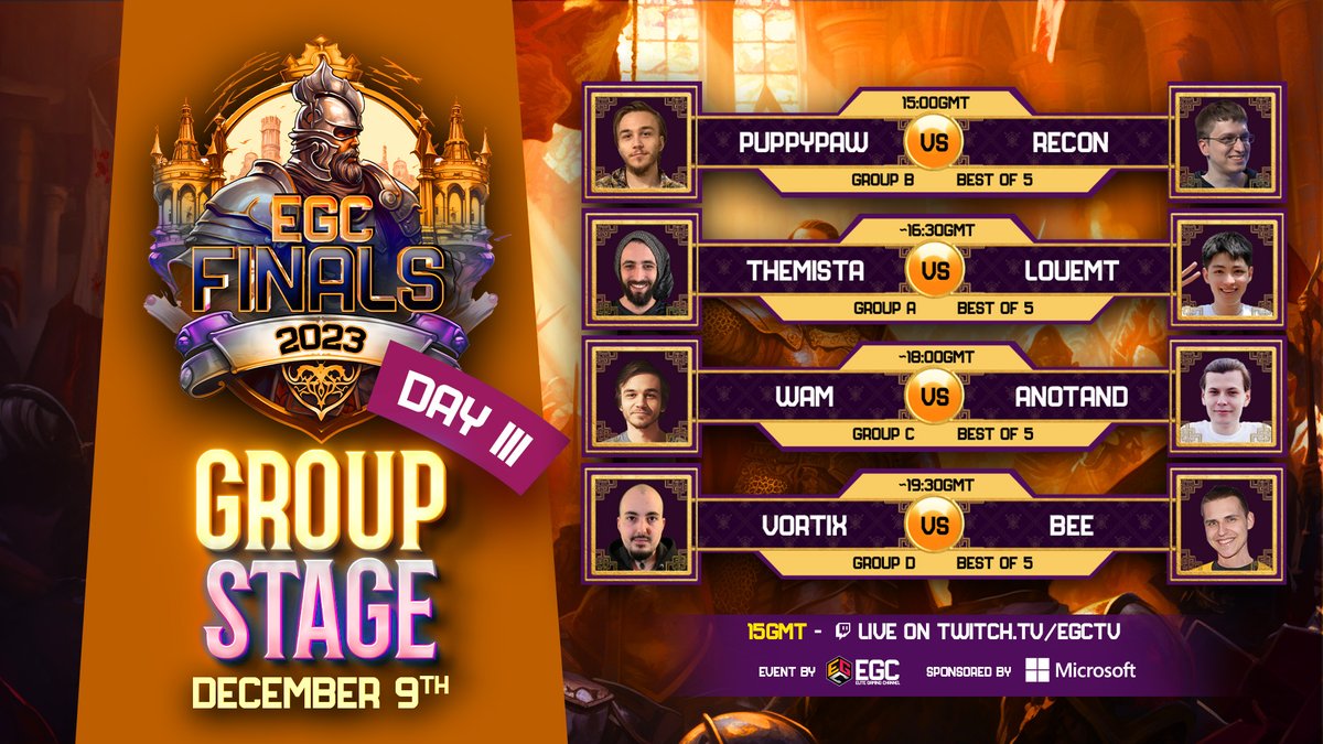 Today's running order, starting in less than two hours!

PuppyPaw vs RecoN
<a href="/TheMistaAoE/">Themistoklis Bonidis</a> vs LoueMT
<a href="/Wam01_AoE/">Daniel Svoboda</a> vs Anotand
<a href="/VortiX_93/">Juan Moreno Durán</a> vs Bee