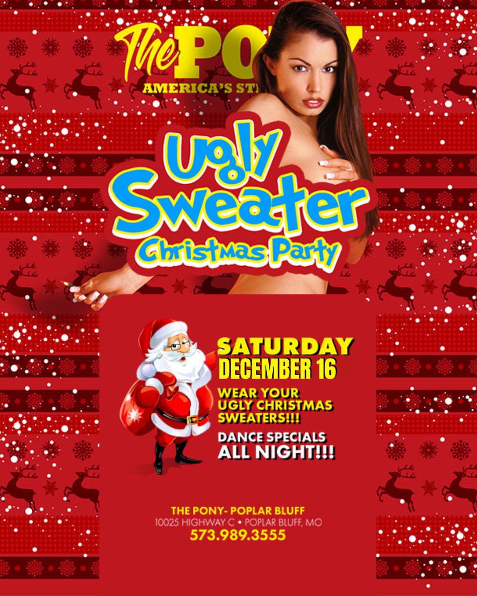 It's time to pull out your ugliest Christmas sweater and get ready to party at The Pony! 🎅 Join us on Dec. 16th for the Ugly Sweater Christmas Party - don't forget to show off your ugliest look! 🤩 Enjoy dance specials all night long! 💃 #UglySweaterParty #ThePony #PonyPoplar...