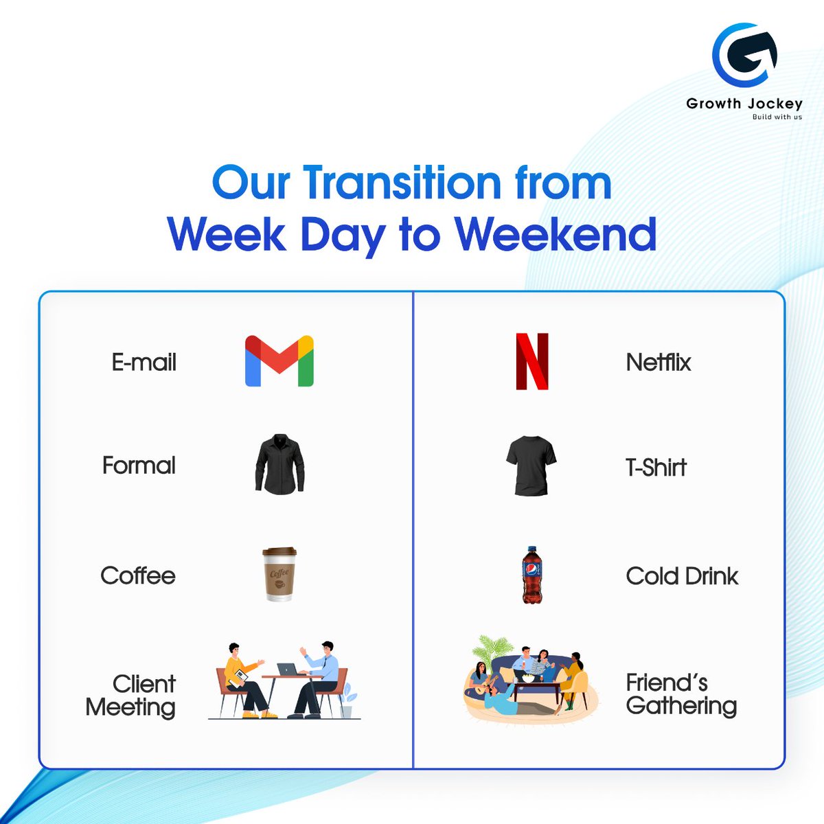 GrowthJockey's tweet photo. From professional to personal, our weekdays are a blend of commitment and our weekends a canvas of relaxation. Embrace the balance: work hard, unwind harder.

 #WeekdayToWeekend #LifeBalance #Unwind https://t.co/amRGDkW5Vp