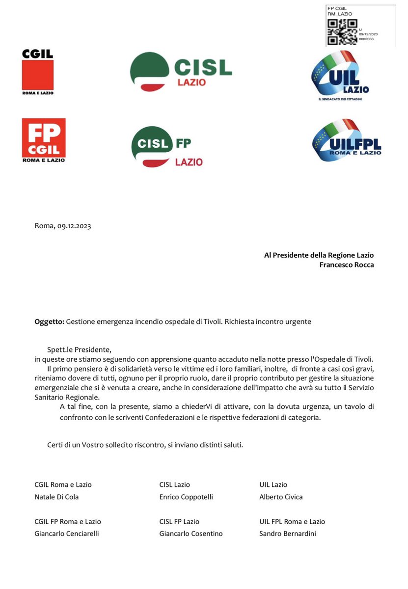 CISL LAZIO: ALL’OSPEDALE DI TIVOLI, CHIESTO INCONTRO AL PRESIDENTE ROCCA PER LA GESTIONE DELL’EMERGENZA 

#ilmiolavorovale