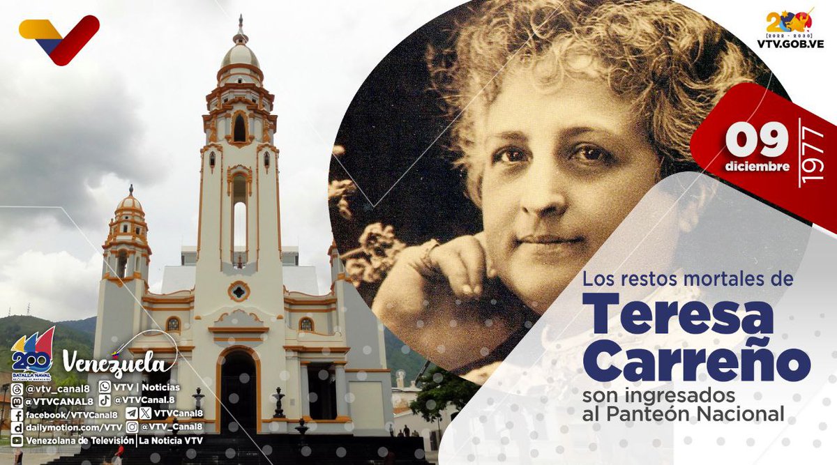 VTVcanal8's tweet photo. #EFEMÉRIDE🗓️| Los restos mortales de Teresa Carreño son ingresados al Panteón Nacional el #09Dic de 1977. Fue una pianista y compositora venezolana señalada por los expertos como la más prolífica de América Latina durante los siglos XIX y XX.

#TodosPorVenezuela https://t.co/BWI4Gbahsp