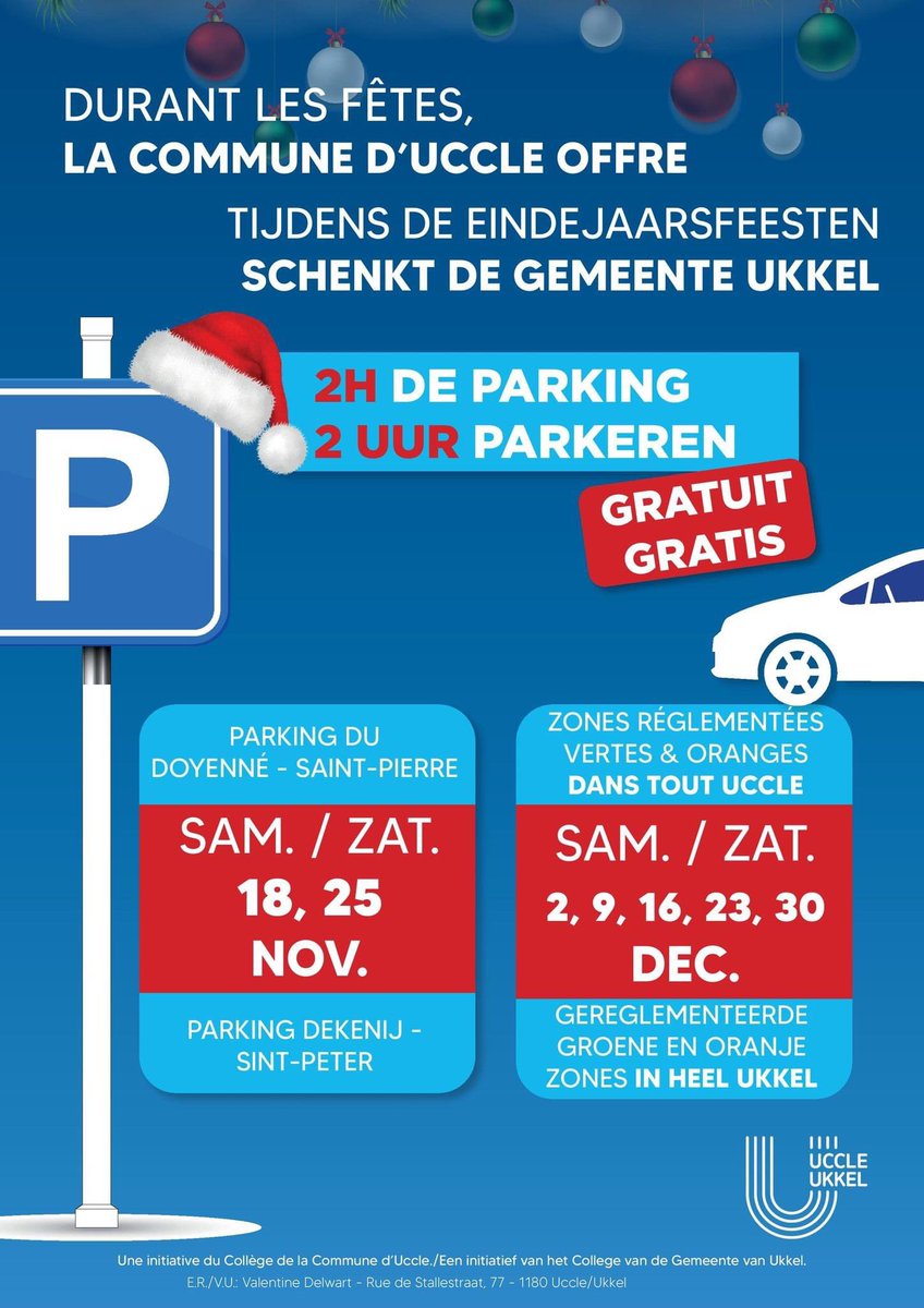 🎅🏻Depuis le 18 novembre, la Commune offre deux heures de parking gratuit aux visiteurs dans nos noyaux commerciaux, tous les week-end et ce jusqu’à la fin de l’année 🎉