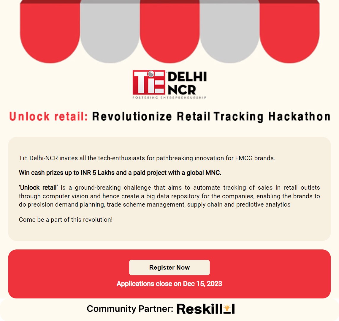 🚀 Join 'Revolutionize Retail Tracking Hackathon' by @TiEDelhi. Community Partner - @Reskilll 📷 Transform future of retail tracking in India's diverse consumer goods market. 📷 Apply now: Reskilll.com/i/retailhack 📷 Deadline: Dec 15, 2023📆 #RetailInnovation #TiEDelhiNCR