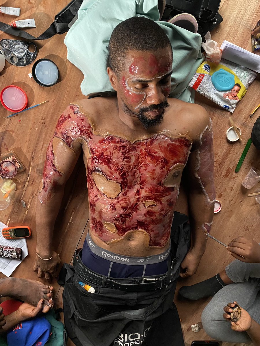 Carina_SFX's tweet photo. Okay so this was one of the makeup that stressed me 🥹
We had a marathon shoot did this makeup in the early hours of our last day on the first leg of the shoot 
It took a few hours to achieve but we were loosing night. Watch #bloodvessel to know why @iamjidekene was like this🥰 https://t.co/xE3eH5GNGu
