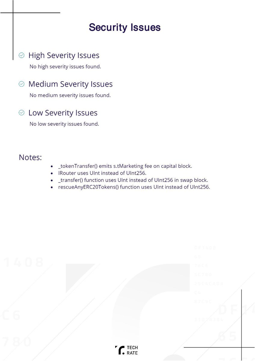 SamRezor's tweet image. No high severity issues found. 

No medium severity issues found. 

No low severity issues found. 

Simply means, NO more issues found.  

That’s my #SaitaChainCoin #Techrate audits. We’re on a last call to a ride to the moon!💯🚀 #SaitaChainCoin #STC @SaitaChainCoin