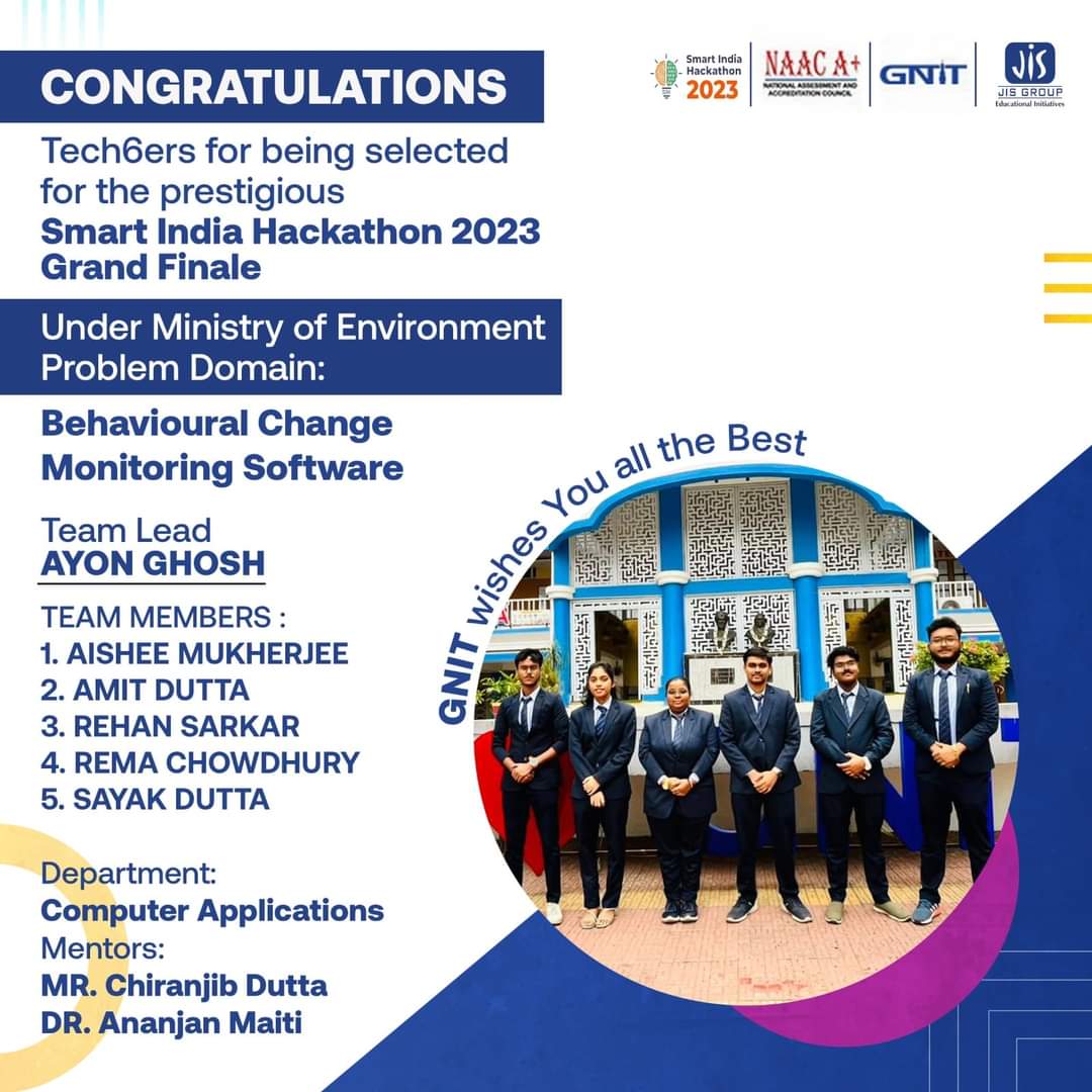 gnitsodepur's tweet image. CONGRATULATIONS Tech6ers
for being selected for the prestigious Smart India Hackathon 2023 Grand Finale
Under Ministry of Environment Problem Domain: Behavioural Change Monitoring Software
Team Lead AYON GHOSH
GNIT wishes you all the Best!
#congratulations #computerapplication