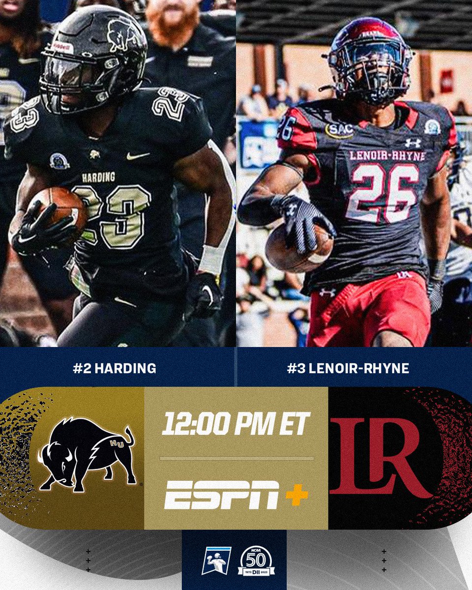 #D2FB SEMIFINAL SATURDAY IS HERE‼️
 
⏰ Noon ET
2️⃣ <a href="/Harding_FB/">Harding Football</a> 🆚 3️⃣ <a href="/LRBearsFootball/">Lenoir-Rhyne Football</a>
📺 ESPN+
📊 on.ncaa.com/D2FBsf1
🔗 on.ncaa.com/D2FBsp