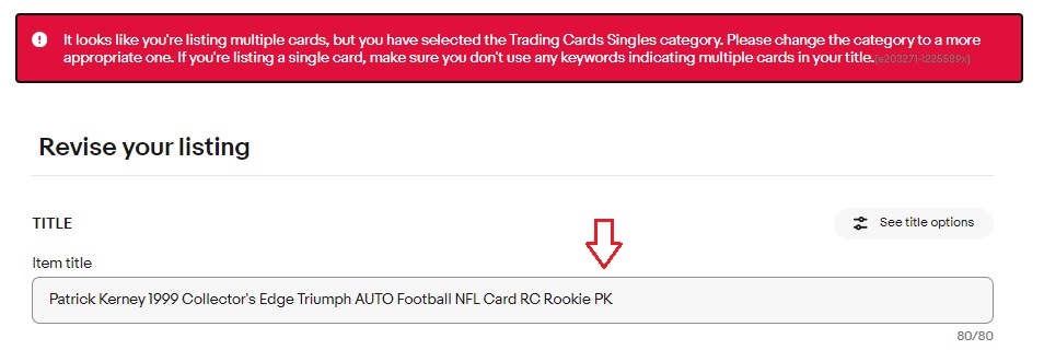 eBayToHouse's tweet photo. @askeBay another day another error refusing to let me list a trading card with the correct information in the title. Why is "PK" flagged as "listing multiple cards"? It's the card number... https://t.co/nM4Cm3KS0g