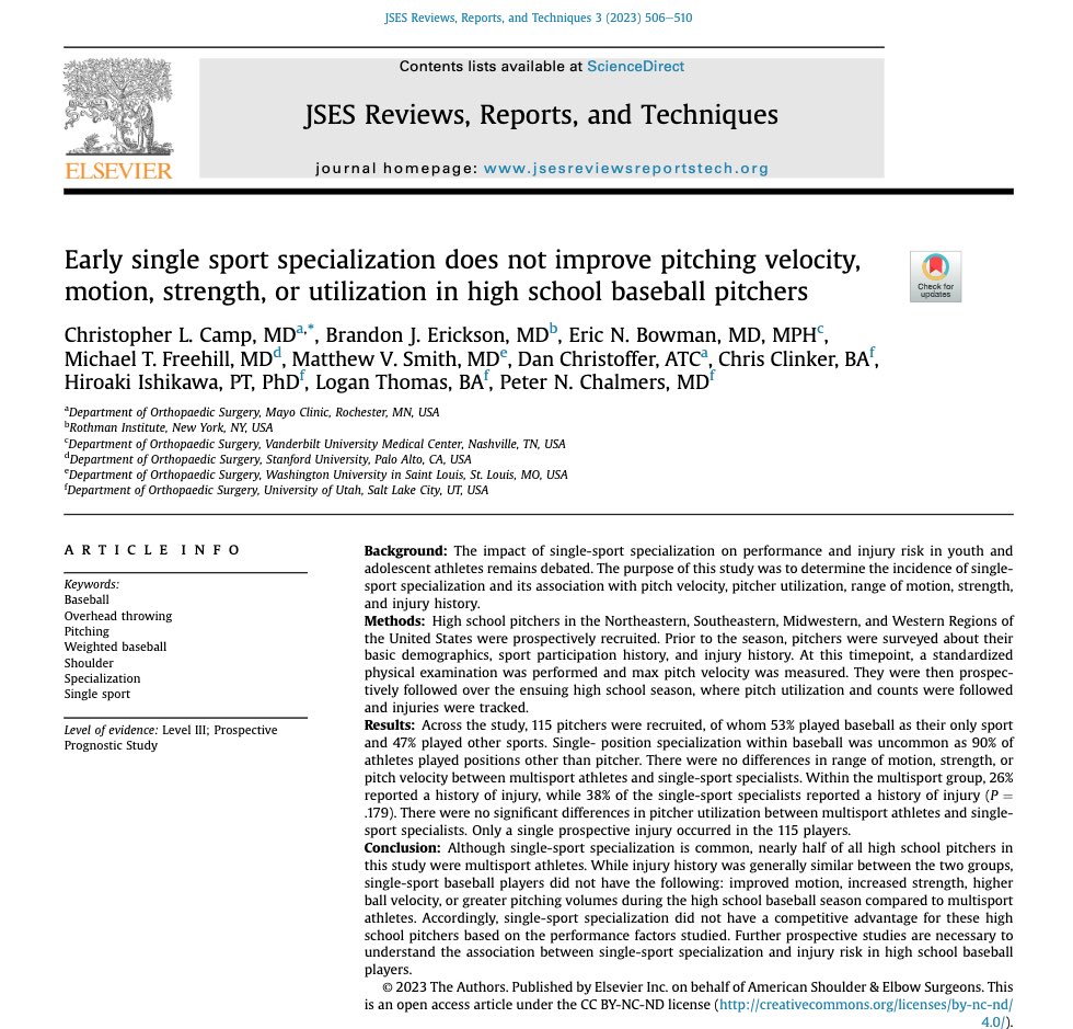 Should athletes specialize early? In this @JSESMedia study, HS single sport baseball athletes did NOT show superior: -Velocity -Motion -Strength -Playing time Compared to multi-sport athletes. ⚾️ Free PDF➡️ tinyurl.com/5t59hjbv @EricBowmanMD @christoffer_dan @MayoOrtho