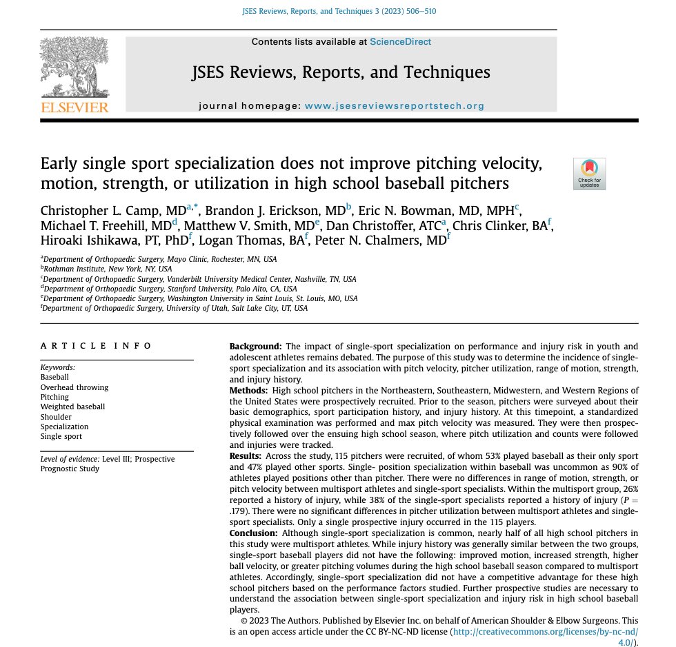 Christopher Camp, MD (@chriscampmd) on Twitter photo Should athletes specialize early? In this <a href="/JSESMedia/">JSES</a> study, HS single sport baseball athletes did NOT show superior:
-Velocity
-Motion
-Strength
-Playing time
Compared to multi-sport athletes. ⚾️
Free PDF➡️ tinyurl.com/5t59hjbv
<a href="/EricBowmanMD/">Eric Bowman, MD, MPH</a> <a href="/christoffer_dan/">Dan Christoffer</a> <a href="/MayoOrtho/">Mayo Sports Research</a> Should athletes specialize early? In this <a href="/JSESMedia/">JSES</a> study, HS single sport baseball athletes did NOT show superior:
-Velocity
-Motion
-Strength
-Playing time
Compared to multi-sport athletes. ⚾️
Free PDF➡️ tinyurl.com/5t59hjbv
<a href="/EricBowmanMD/">Eric Bowman, MD, MPH</a> <a href="/christoffer_dan/">Dan Christoffer</a> <a href="/MayoOrtho/">Mayo Sports Research</a>