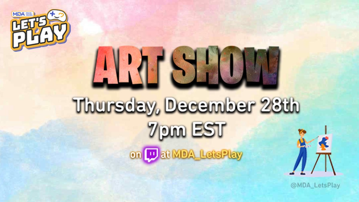 MDAorg's tweet photo. Calling all artists 📣 MDA moderator @Pyra_Sydannia is hosting the first @MDALetsPlay virtual art show on December 28 at 7 pm ET. Submissions are open to #MDA members who would like to share their talents here: https://t.co/RmXCrPC8bQ https://t.co/lfzgFculIS