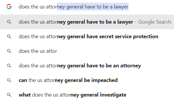 Amyloo's tweet image. Google search autocomplete was all ready for my question about Stephen Miller as a possible attorney general. I didn't have to type any more than "does the us attor"
