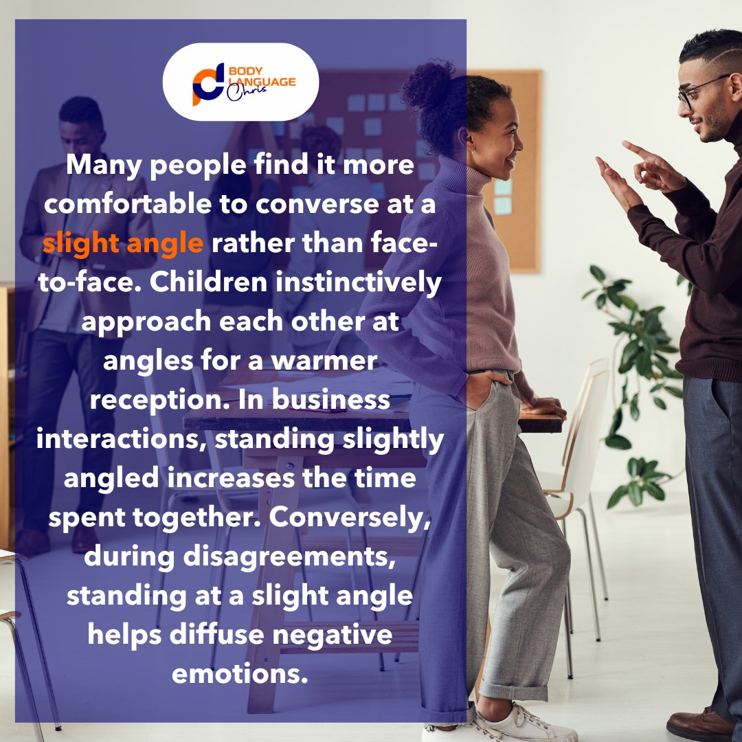 bodylanguagecp's tweet image. Who else prefers to chat at an angle? 🤔🤭 It&apos;s way more comfortable and makes conversation easier! ☺️ #conversationtips #toomuchpressureface2face #BodyLanguage