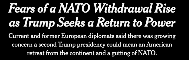 Next in our reported-out 2025 Trump policy stakes series went up this a.m. and will be Sunday NYT front: the prospect of withdrawing the USA from or gutting NATO, abandoning Ukraine and a retreat from Europe. w/ @jonathanvswan & @maggieNYT Gift link: nyti.ms/3uSNafa