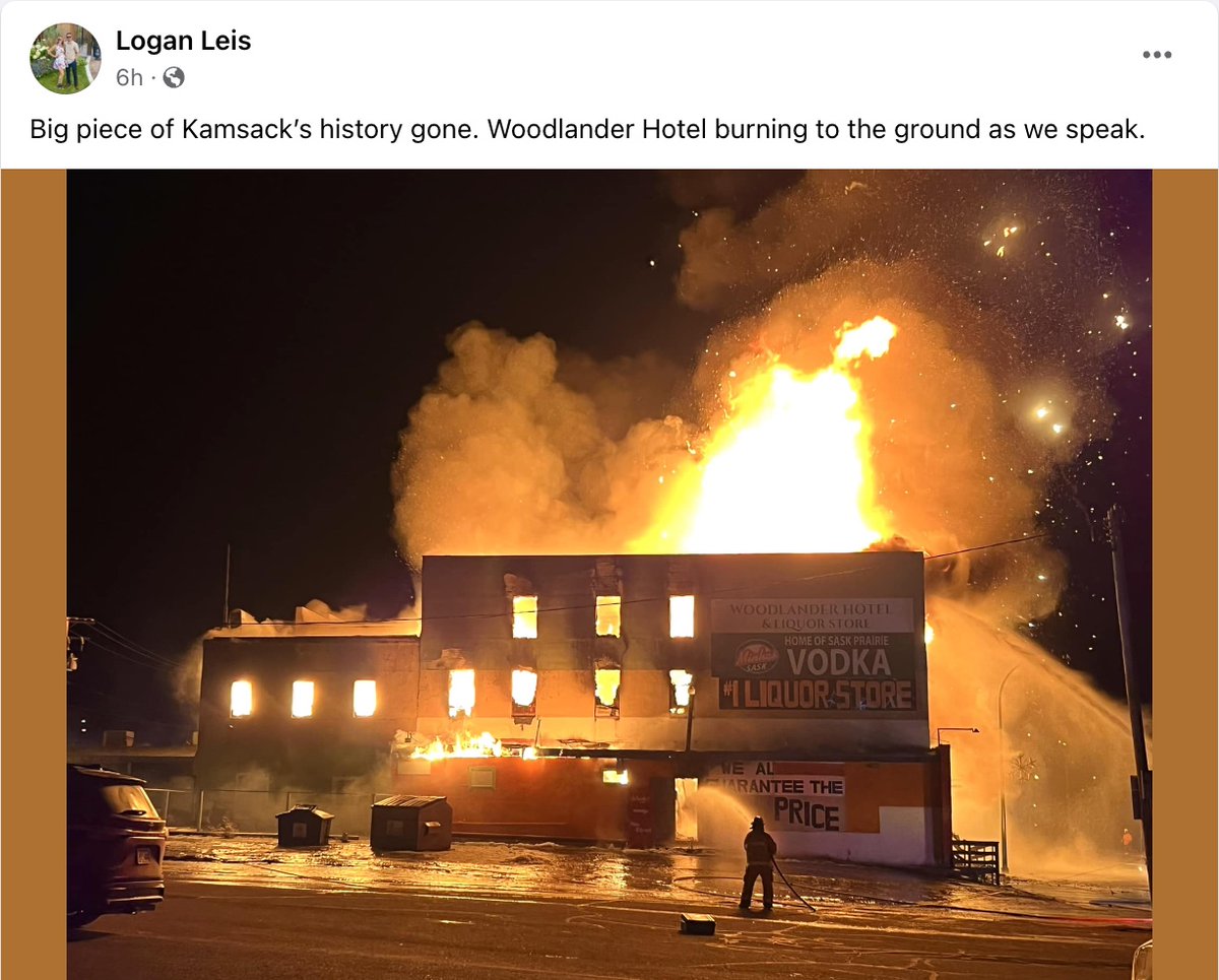 rvthomasart's tweet photo. A massive fire two blocks from our family home in #Kamsack. The Woodlander Hotel is a smouldering pile of rubble this morning. @GX94Radio https://t.co/6eXOKGBeSi