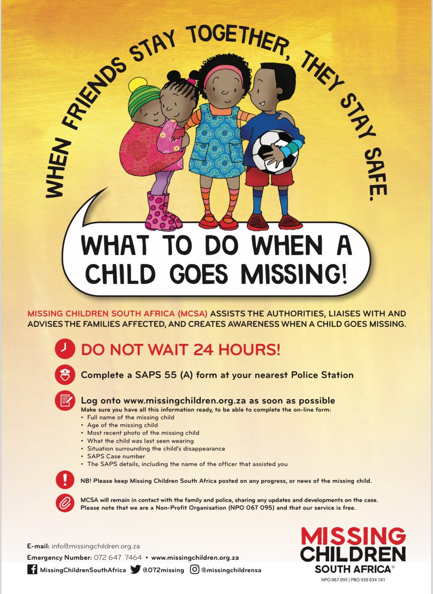 #WhatToDoWhenAChildGoesMissing!

Do you know exactly what to do #WhenAChildGoesMissing?

Follow these steps below👇🏼 and remember, there’s #NoWaitingPeriod - go to your nearest police station as soon as possible!

To see how you can #SupportMissingChildreSouthAfrica, please follow…