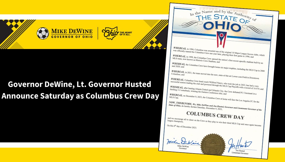 Today we’re celebrating Columbus Crew Day in Ohio! Ohioans are behind the @ColumbusCrew as they play in the MLS Cup Final tonight @LowerFieldCbus. They’ve had a great season, and we wish them luck as they work to bring home a third championship! Glory to Columbus!…