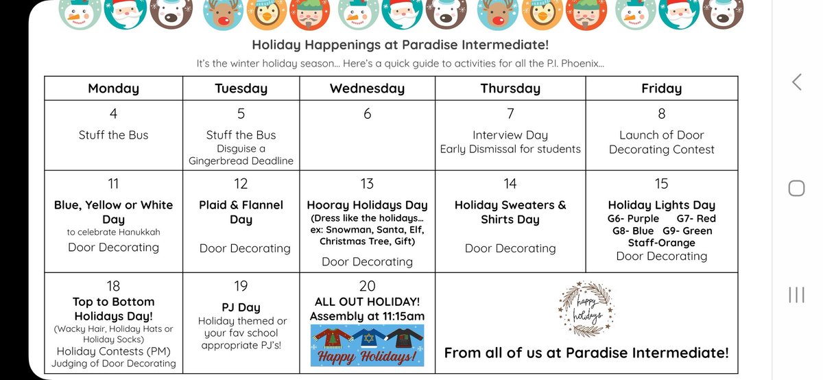 MAaronPower's tweet photo. Hey @ParadiseInterm1 Check out our holiday happenings theme days kicking off this week!  Thanks to everyone for their contributions to our collaborative food drive "Stuff the bus" Huge success!!  @mssharonfarrell @ColetteQuann @ssnow50 @Grade5Woolgar @LisaFancey https://t.co/8aE0KjD4kn