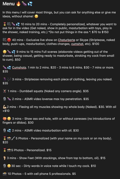 Este es mi men&uacute; de contenido con sus precios, lea y antojese 💦 pida lo que quiera, tengo de todo un poco<a href="/tag/sex"class="tags"><span>#sex</span></a><a href="/tag/porn"class="tags"><span>#porn</span></a><a href="/tag/performer"class="tags"><span>#performer</span></a><a href="/tag/straight"class="tags"><span>#straight</span></a><a href="/tag/webcam"class="tags"><span>#webcam</span></a><a href="/tag/boys"class="tags"><span>#boys</span></a>