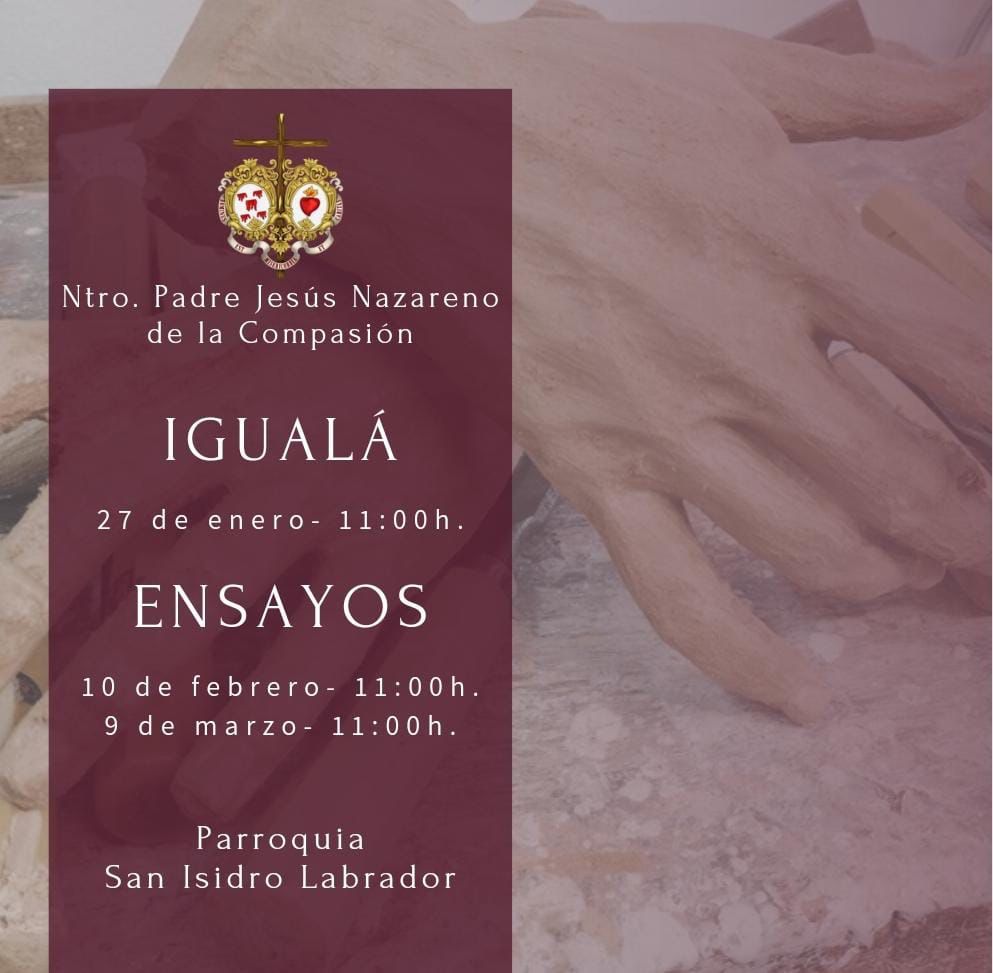 HdadDelHigueron's tweet photo. Ntro. Padre Jesús Nazareno de la Compasión

- - - IGUALÁ 

 • 27 de enero- 11:00h.

- - - ENSAYOS

 • 10 de febrero- 11:00h.
 • 9 de marzo - 11:00h.

📍ParroquiaSan Isidro Labrador

Contacto: Álvaro Jiménez 617180468

#sangredelhigueron https://t.co/IPkOyCp5cL