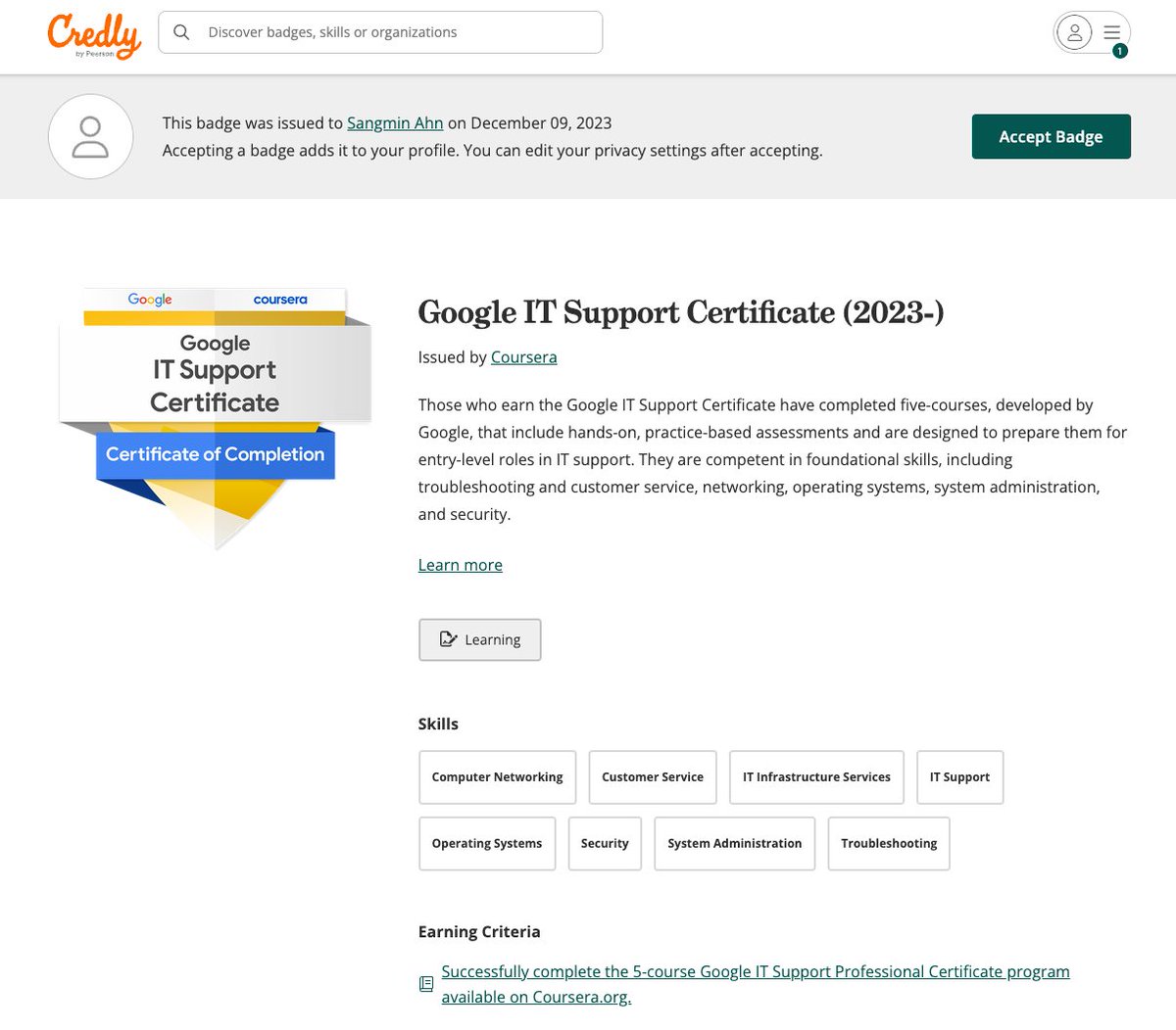 Google IT  Supportの認定書があれば、入学の際に単位として認めてくれる大学も。12単位として引き継ぎできるので86万円相当の価値がある👏。引き継ぎのプロセスは  @credly を介して行われるのでアカウントの登録が必要↓。アメリカへの留学を検討されている方に届いて ...
