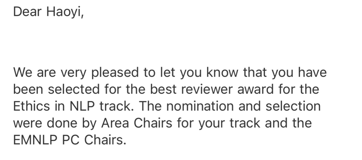 🏆 Thrilled to share that in my first time as a paper reviewer, I have been honored with the Best Reviewer Award for the Ethics in NLP track. Heartfelt thanks to the Area Chairs and EMNLP PC Chairs for this recognition. It is a fantastic learning experience! 🙏