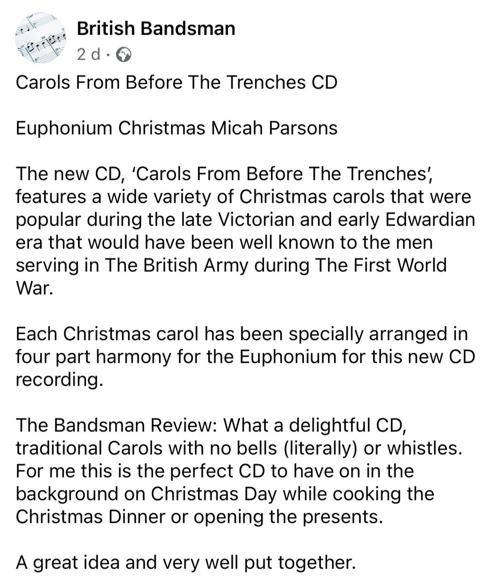 I feel really privileged that my new CD, which is entitled, ‘Carols From Before The Trenches’, has been reviewed by The @BB1887.