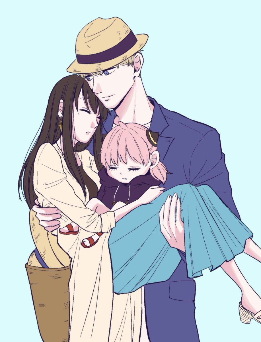 anya (spy x family) ,twilight (spy x family) ,yor briar multiple girls 2girls carrying female child 1boy hat pink hair  illustration images