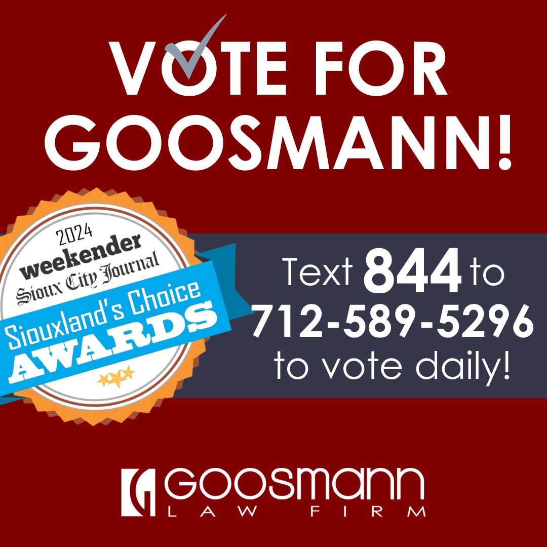 Goosmann Law Firm is in the running for the 2024 Siouxland Choice Awards! Your vote matters! 🗳️ Click the link below to vote or text 844 to 712-589-5296. #WeLoveSiouxland #LegalForPeopleWhoLead
siouxcityjournal.com/contests/sioux…