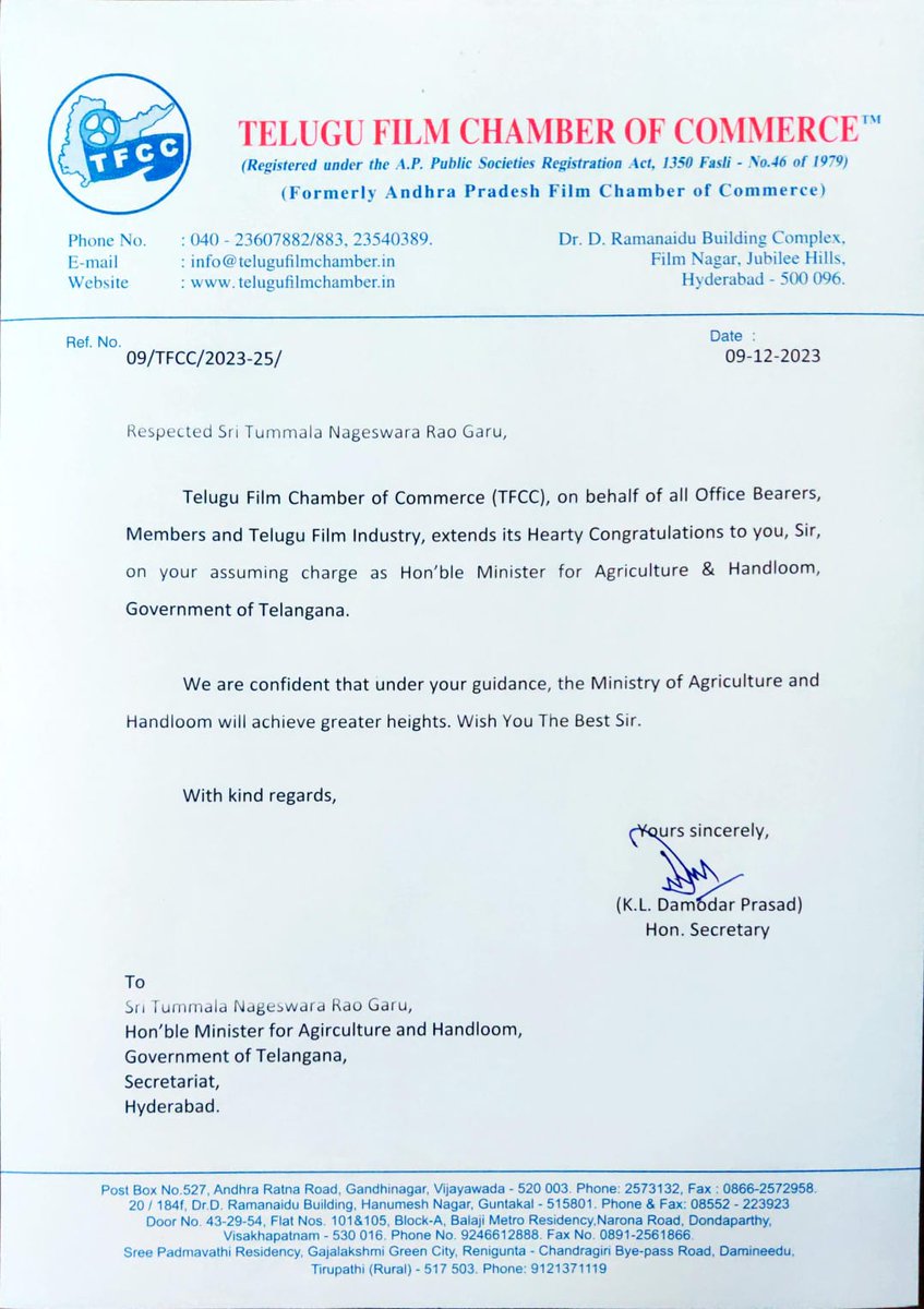 Hearty Congratulations to  Sri <a href="/Tummala_INC/">Tummala Nageswar Rao</a> Garu on your assuming charge as Hon'ble Minister for Agriculture &amp; Handloom, Governement of Telangana. Under your Ministry of Agriculture &amp; Handloom will achieve greater heights. Wish You the Best Sir - Telugu Film Chamber of Commerce