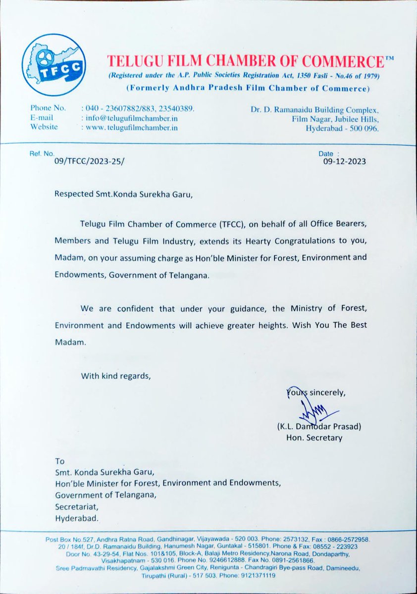 Hearty Congratulations to  Smt. @KMuraliSurekha Garu on your assuming charge as Hon'ble Minister for Forest, Environment and Endowments Governement of Telangana. Under your Ministry of Forest, Environment and Endowments will achieve greater heights. Wish You the Best Mam - TFCC