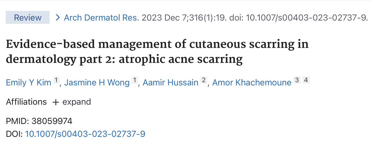 New publication!! Very excited to share our review of the evidence-based management of atrophic acne scars, including currently commonly utilized therapies as well as more innovative treatment options ✨
<a href="/EmilyKimMed/">Emily Kim, MD</a> <a href="/AamirNHussain/">Aamir Hussain, MD, MAPP</a> 

doi.org/10.1007/s00403…