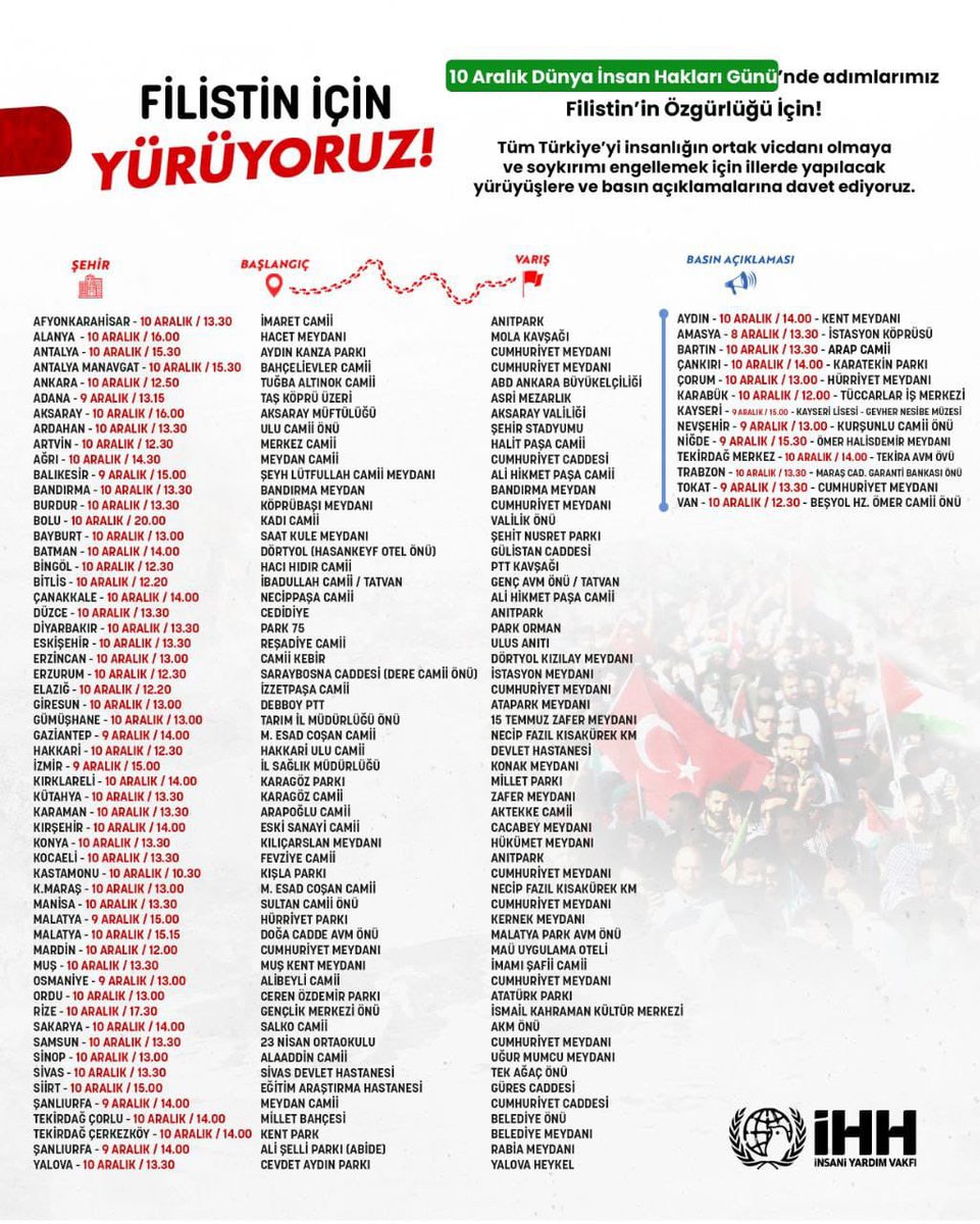 Türkiye’de pek çok sivil toplum örgütü ve sivil inisiyatifler birleşti ve herkese bir çağrı yapıyor! 

🇵🇸 Filistin İçin Yürüyoruz!  

10 Aralık Dünya İnsan Hakları Günü’nde adımlarımız Filistin’in özgürlüğü İçin!  

Tüm Türkiye’yi insanlığın ortak vicdanı olmaya ve soykırımı