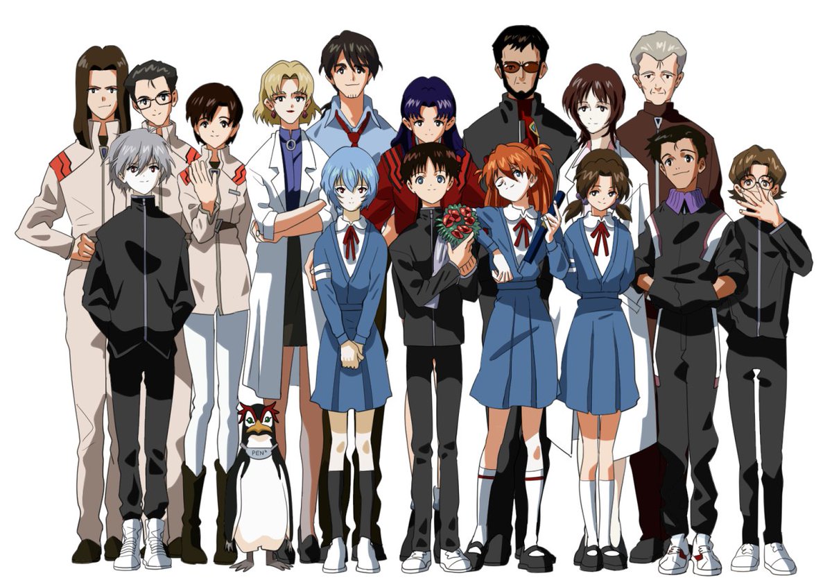 ayanami rei ,ikari shinji ,katsuragi misato ,nagisa kaworu ,souryuu asuka langley multiple girls multiple boys 6+girls pantyhose glasses school uniform labcoat  illustration images