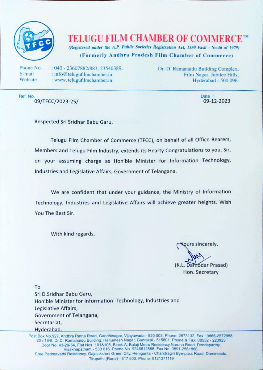 Hearty Congratulations to  Sri <a href="/OffDSB/">Sridhar Babu Duddilla</a>  Garu on your assuming charge as Hon'ble Minister for IT,E&amp;C, Industries and Legislative Affairs, Governement of Telangana. Under your Ministry of IT,E&amp;C, Industries and Legislative Affairs will achieve greater heights. Wish You the Best Sir
