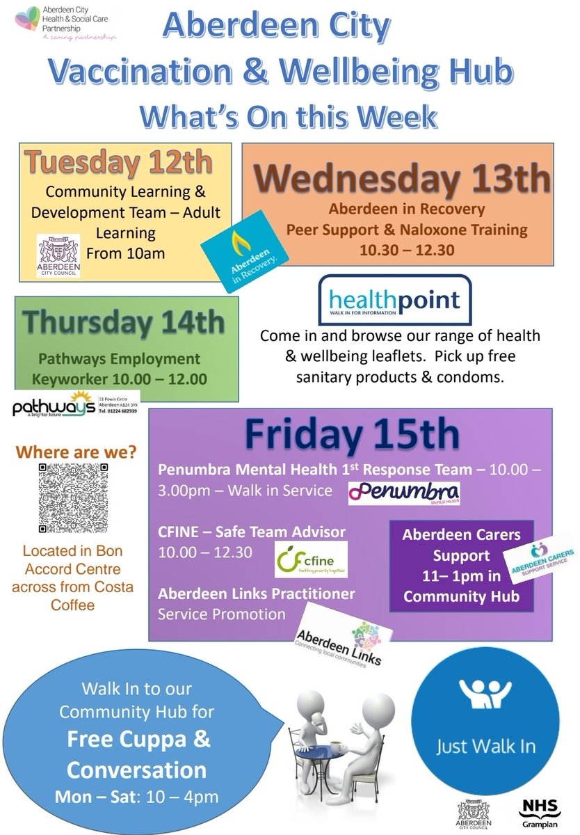 What's going in the Aberdeen City Vaccination And Wellbeing Hub this week. Please share widely. <a href="/NHSGrampian/">NHS Grampian</a> <a href="/HSCAberdeen/">Aberdeen City HSCP</a> <a href="/AberdeenCC/">Aberdeen City Council</a> <a href="/AFCCT/">Aberdeen FC Community Trust</a> <a href="/CPAberdeen/">Community Planning Aberdeen</a> <a href="/P_H_S_Official/">Public Health Scotland</a> <a href="/AberdeenADP/">Aberdeen City ADP</a>  @Aberdeen_ACVO <a href="/AlcDrugsAction/">Alcohol&Drugs Action</a> <a href="/shmuORG/">shmu</a> <a href="/bonaccordcentre/">bonaccordcentre</a>