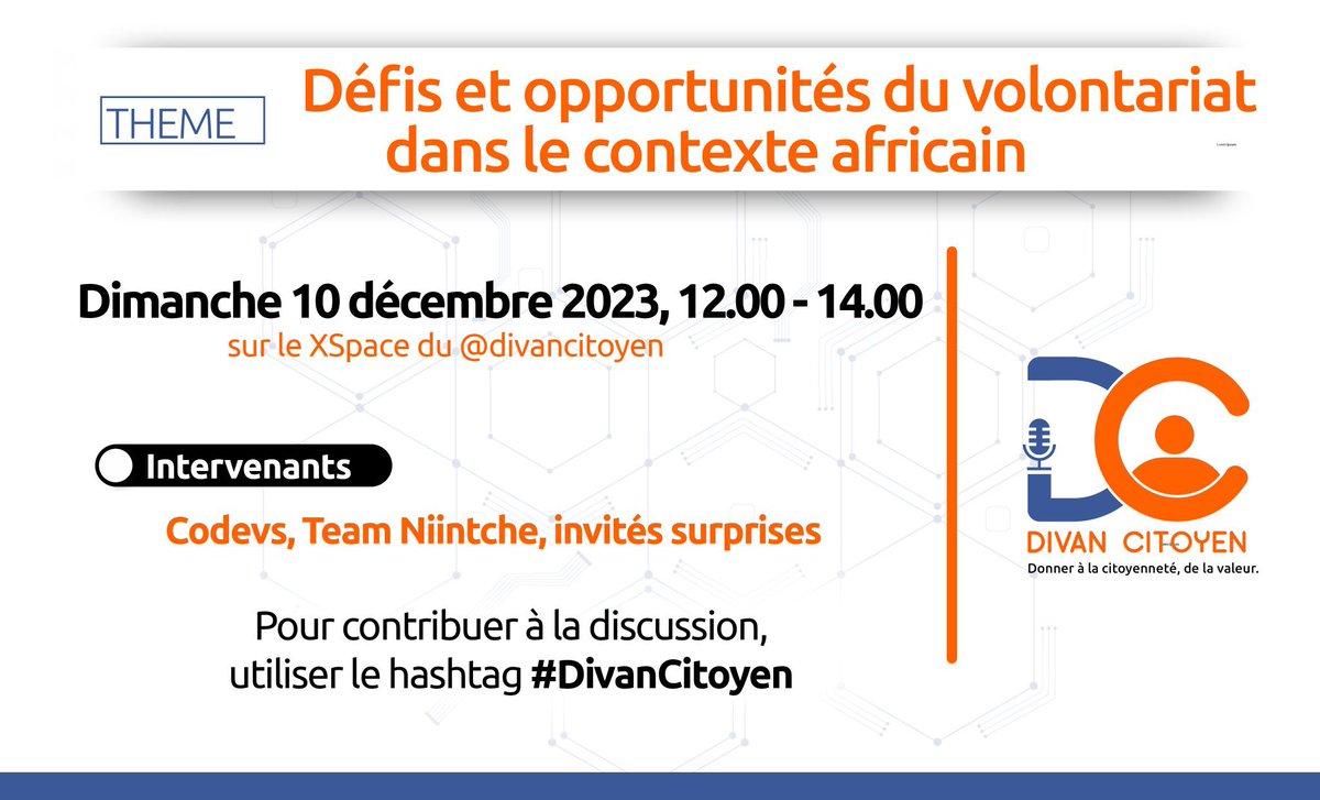 #DivanCitoyen - 10 décembre 

Au lendemain de la célébration de la journée internationale du volontaire, nous organisons le dialogue avec les acteurs pour évoquer les défis et opportunités de leur engagement aux côtés des populations