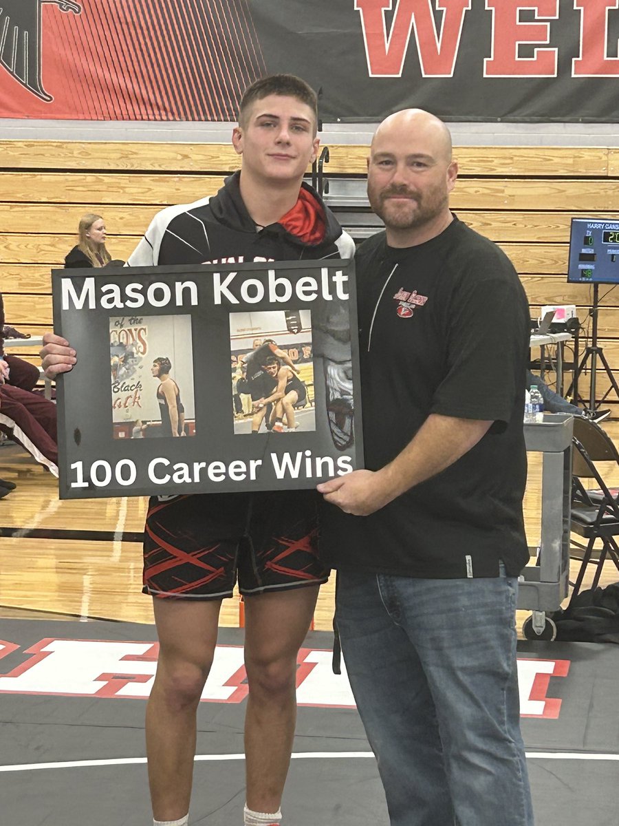 Congratulations to Mason Kobelt on his 100th Career win in this mornings Harry Ganser Memorial Duals.  Pictures with Head Coach Andy King.