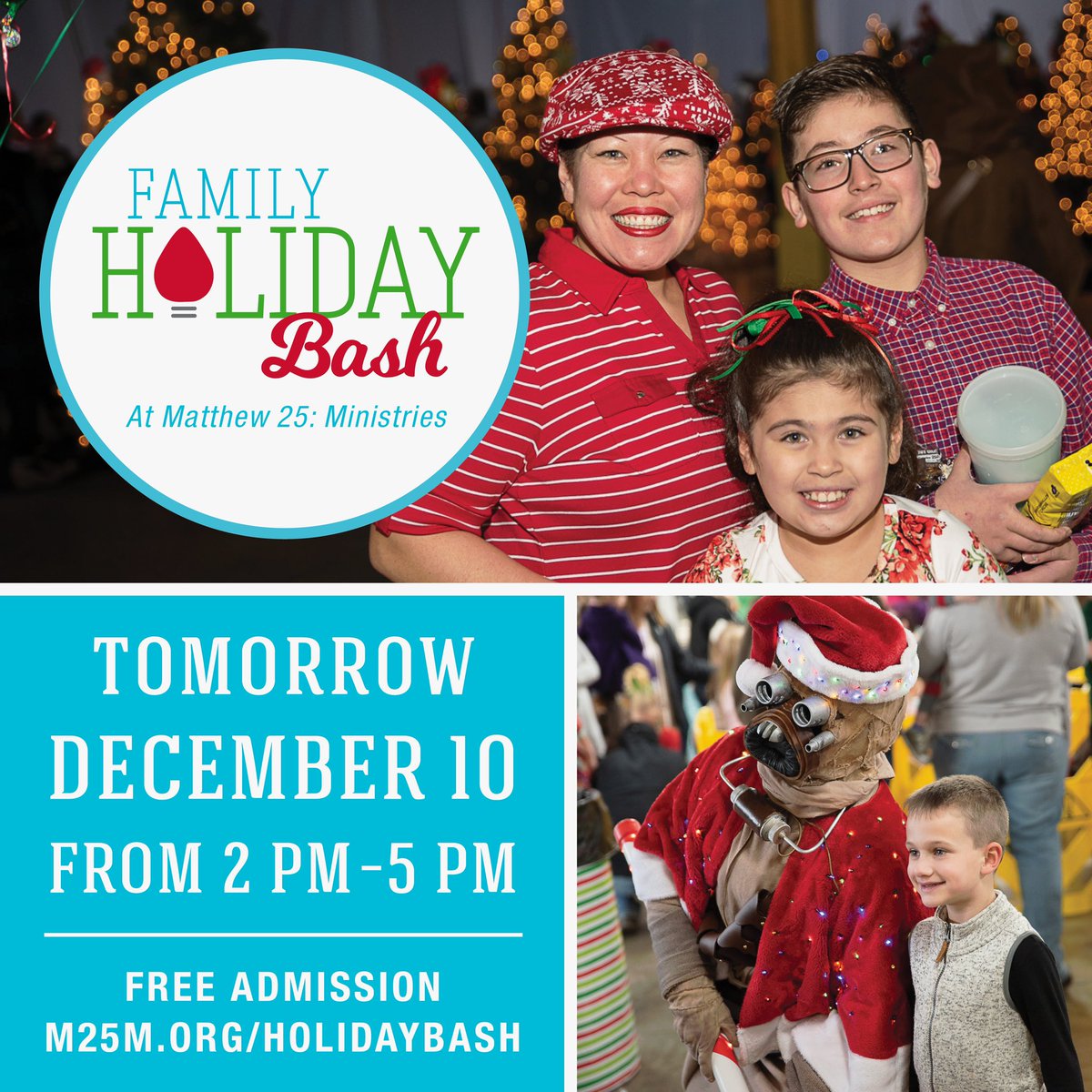 Come one, come all to our Family Holiday Bash at Matthew 25 tomorrow, 12/10 from 2 PM - 5 PM! Our facility has been transformed into a winter wonderland. More details at m25m.org/holidaybash. Admission is FREE, with donations being accepted to benefit A Kid Again's work.