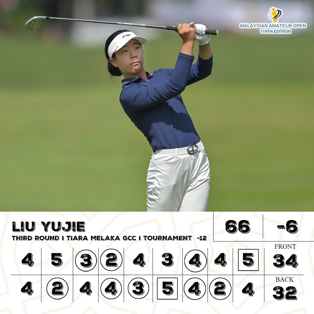 malaysiangolf's tweet photo. 🏌️‍♂️ Day 3 of the Malaysian Amateur Open at Tiara Melaka was thrilling! Andrew Yap, Zia Iqmal, and Nguyen Anh Minh tie at even-par 216. Liu Yujie leads the Women’s with a stellar 12-under-par 204. Final day promises more top amateur golf action! #MalaysianAmateurOpen #Golf https://t.co/M91LK8tMiy